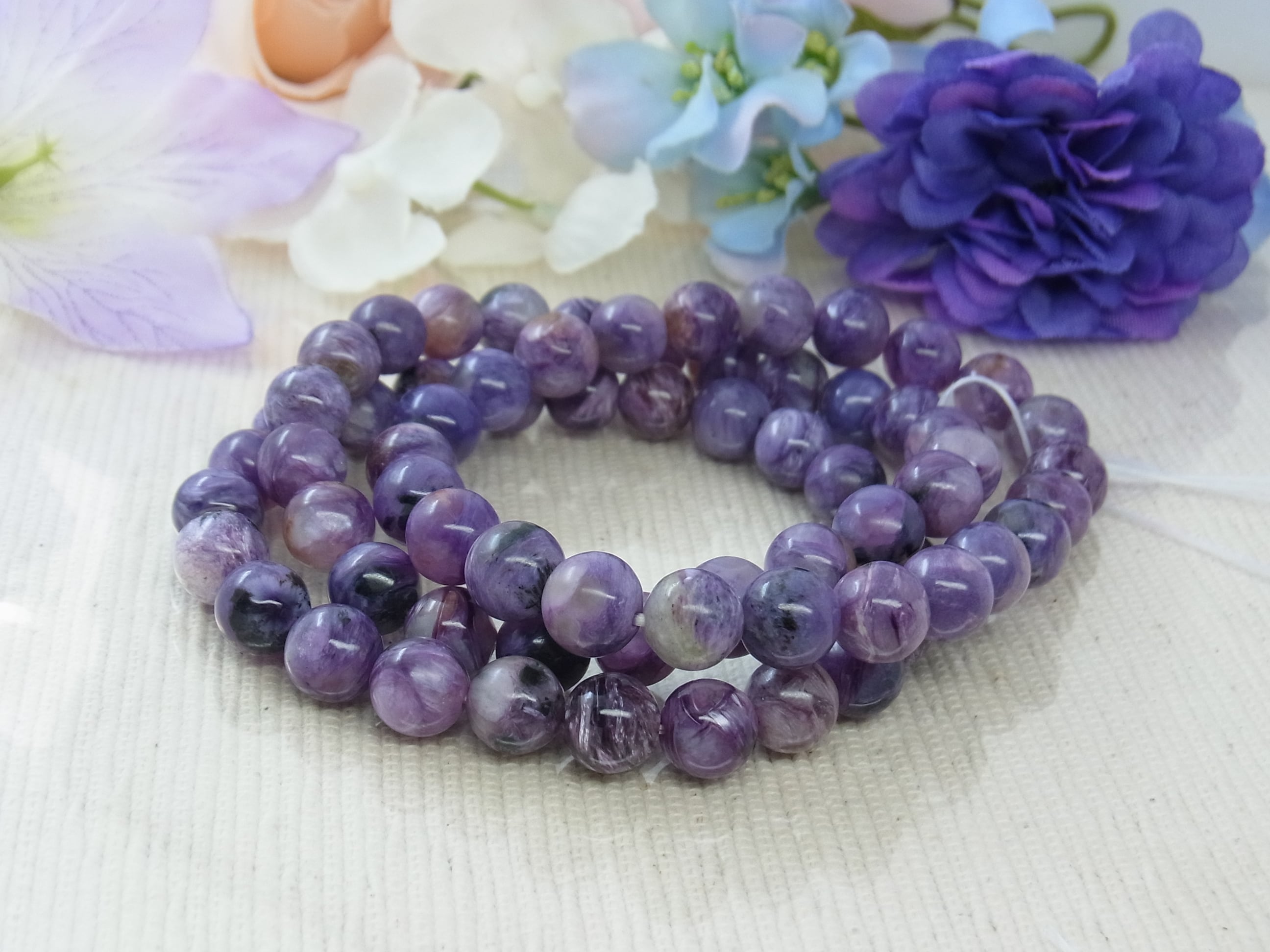 天然石 値下げ チャロアイト&ラリマーのフラワーモチーフブレスレット