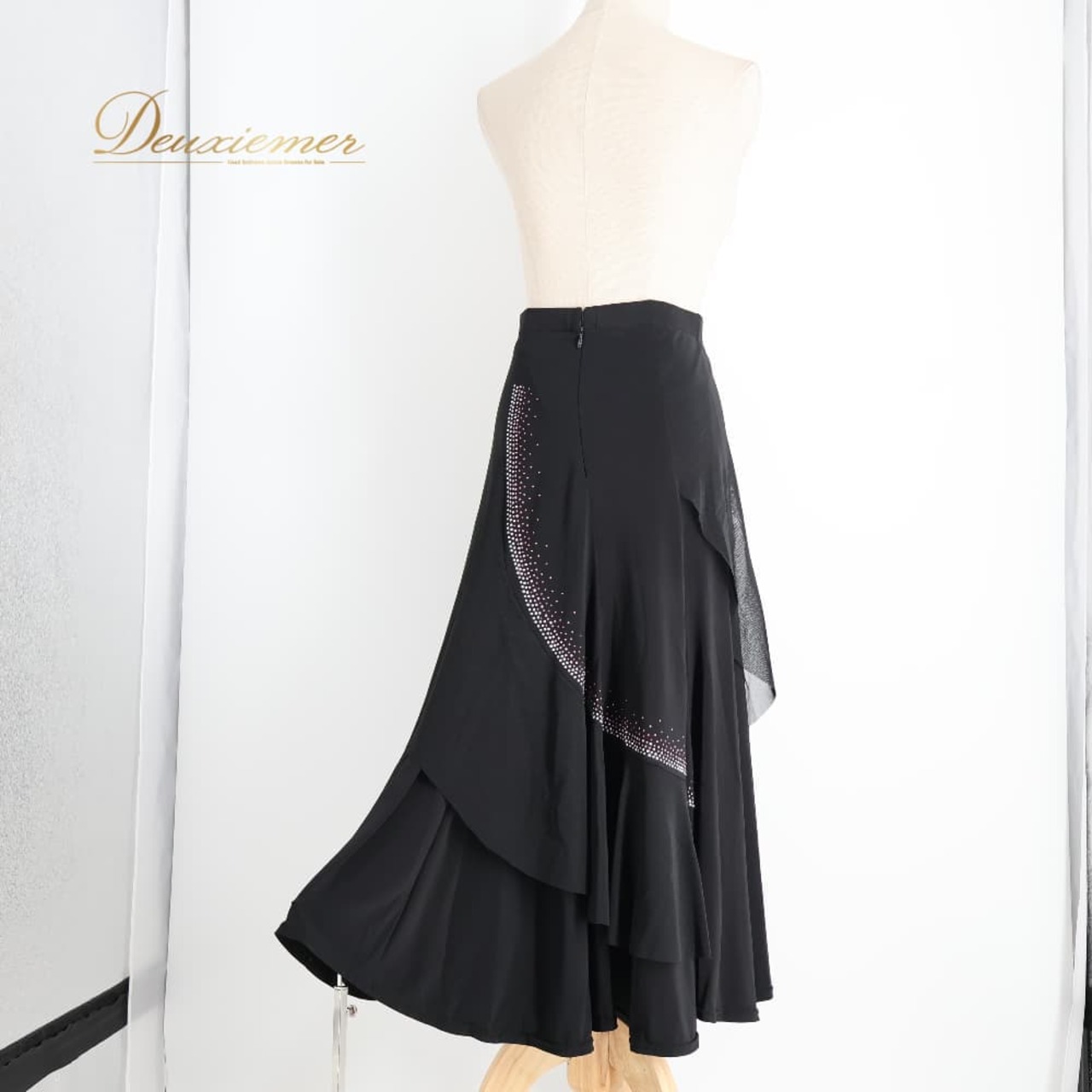 社交ダンス 衣装 prima boutique プリマブティック スカート レッスンウェア ブラック系 ラインストーン キラキラ 練習 レッスン 黒 伸縮 ストレッチ 上品 レース フリル ダンス衣装 イベント ステージ パーティー レディース