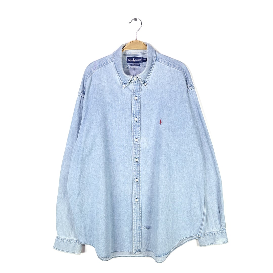 90s ラルフローレン デニムシャツ ボタンダウン 長袖シャツ コットン ワンポイントポニー RALPH LAUREN 大きいサイズ メンズXXL 古着 @CA1475