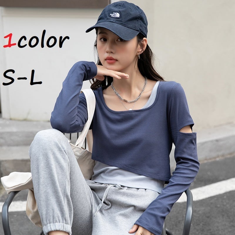 ダメージ加工Ｔシャツ レディース トップス 長袖 プルオーバー カットソー チラ見せ ストリート系 ストリート かっこいい かわいい 可愛い おしゃれ レイヤード クロップド丈 クロップド ショート ショート丈 無地 日常 デイリー お出かけ デート 大人 コーデ コーディネート 韓国 ファッション オルチャン お取り寄せ 送料無料 hll-0493