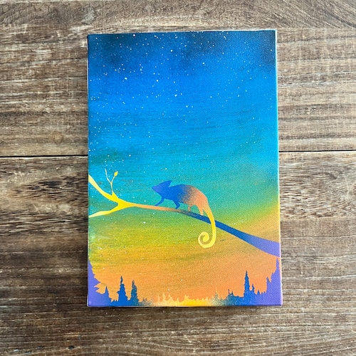 「ストレンジ・カメレオン」 原画 黄昏×森×爬虫類 虹色 絵画 キャンバス 風景画 スプレーアート インテリアパネル