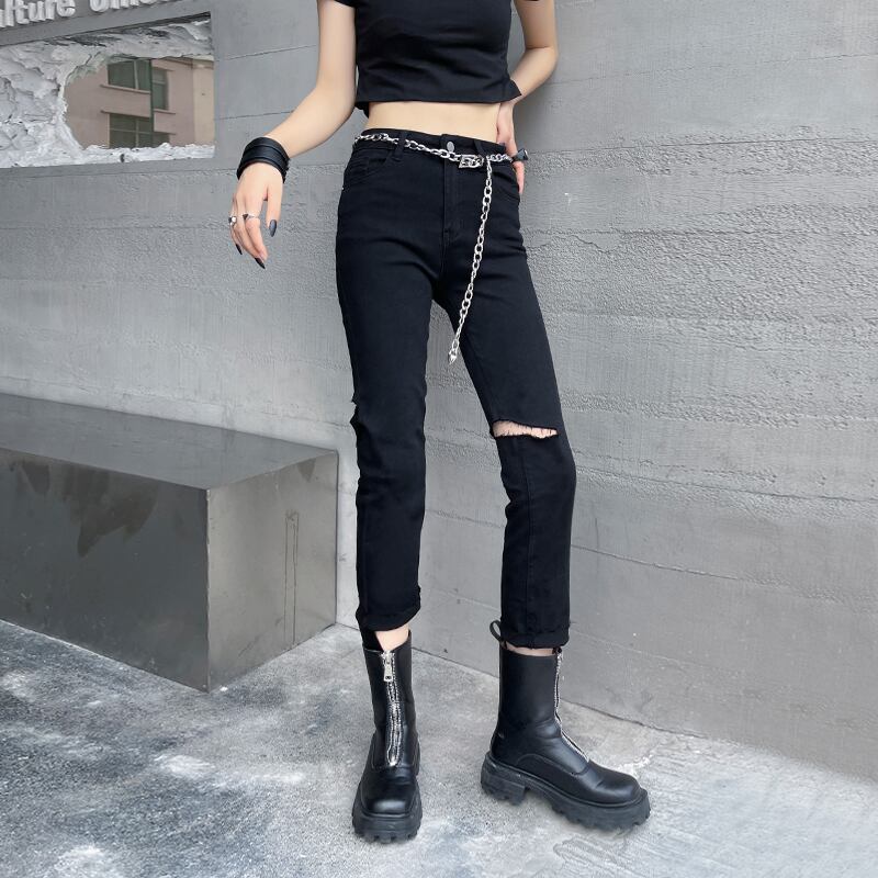 ブラックジーンズ サマー薄手ハイウェストウェストスリムカジュアル 夏物 ラブタオタオダレンハウス90198346870