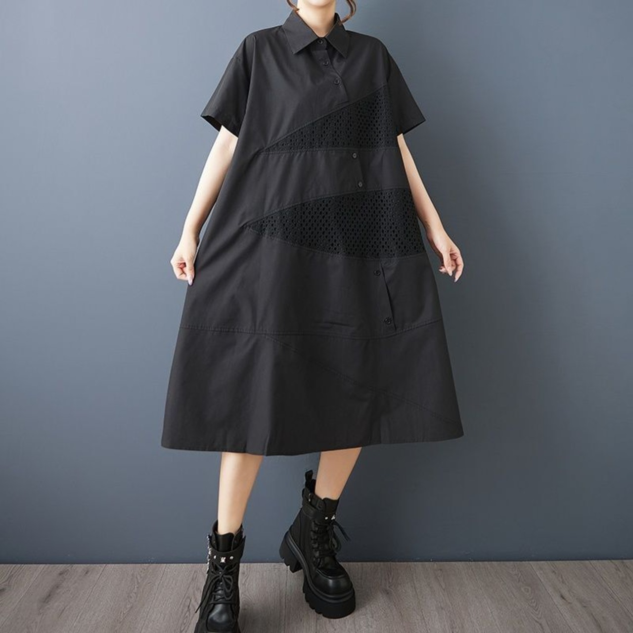 パンチング アシンメ切替 シャツワンピース30251