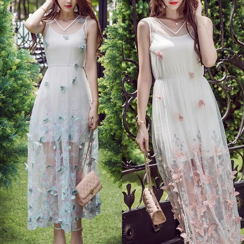 Vネック 花モチーフ チュールワンピース