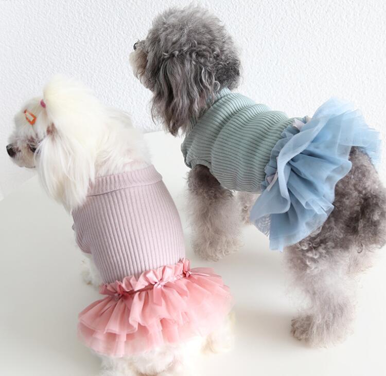 ドッグウェア リブニットリボン付きチュールワンピース ブルー 犬服