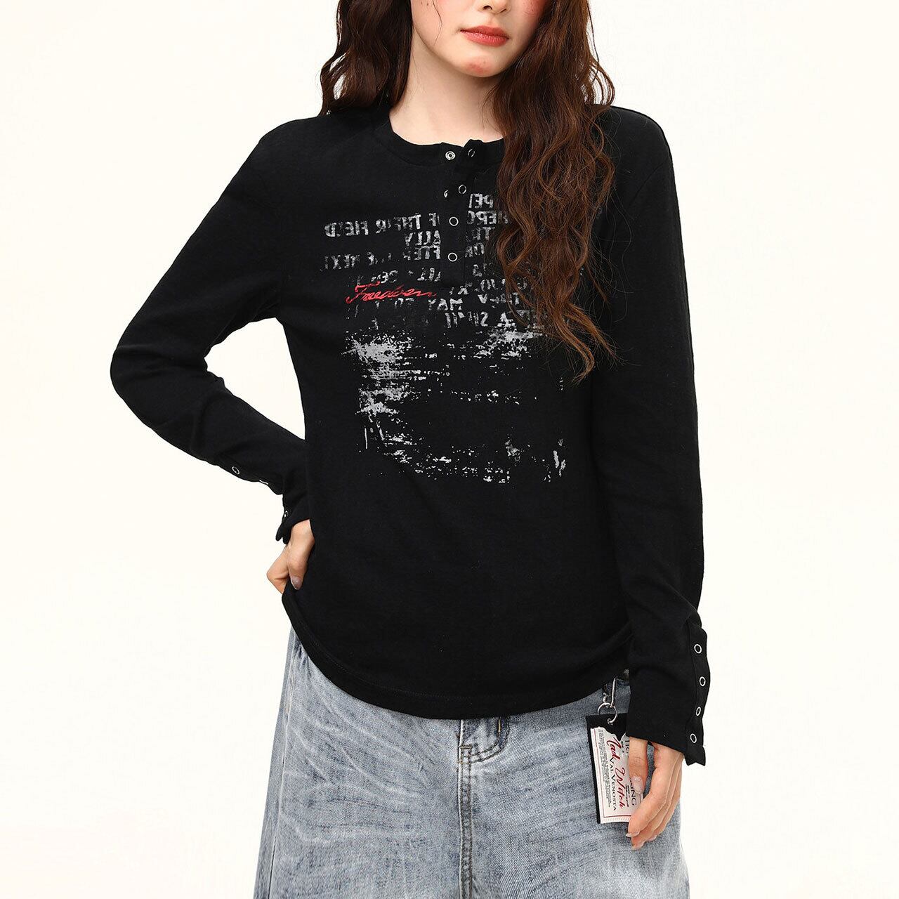 ヴィンテージライクレタリングヘンリーネックTシャツ 2col R02520