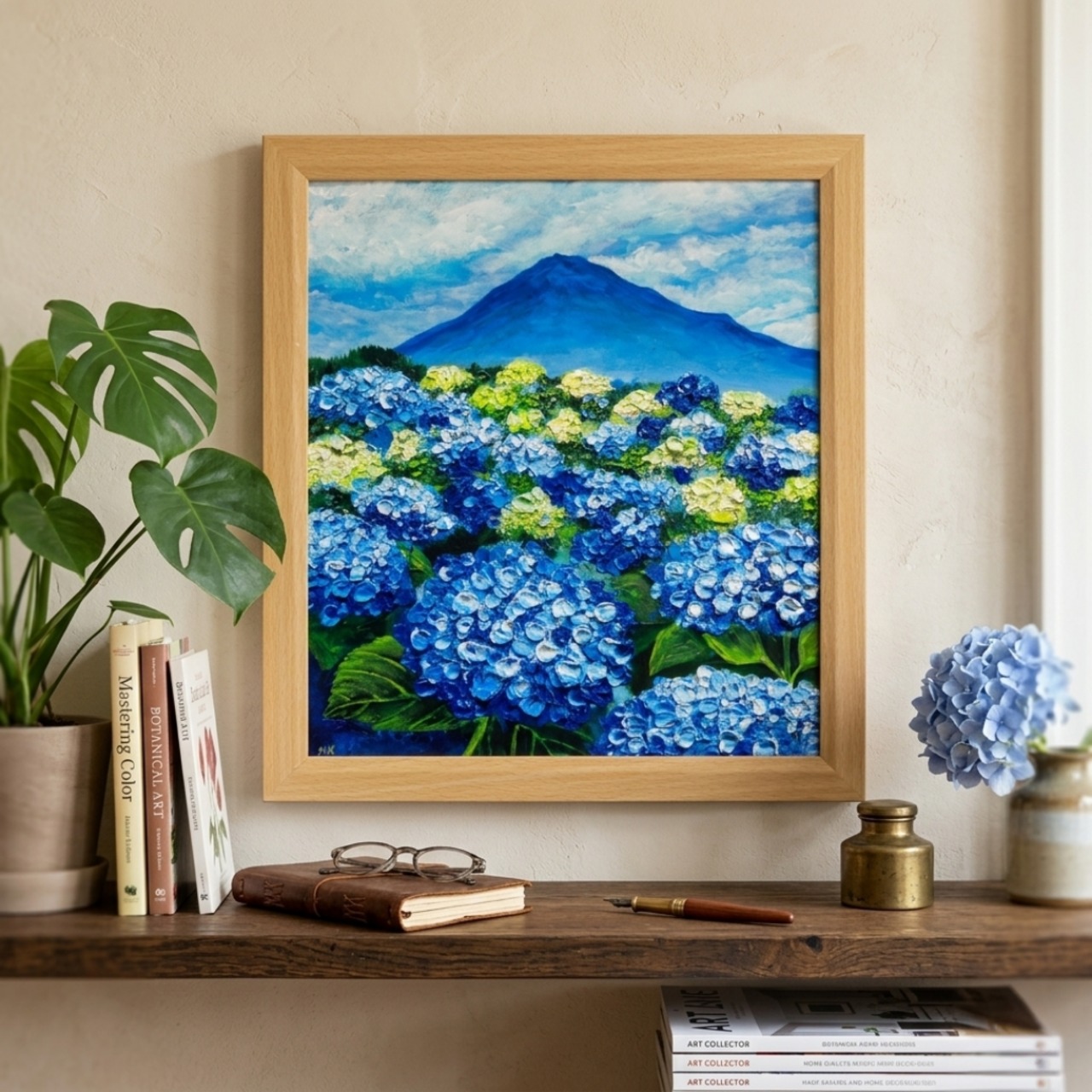 油絵 絵画【青の情景 〜富士と紫陽花の咲く丘〜】油彩画 風景画