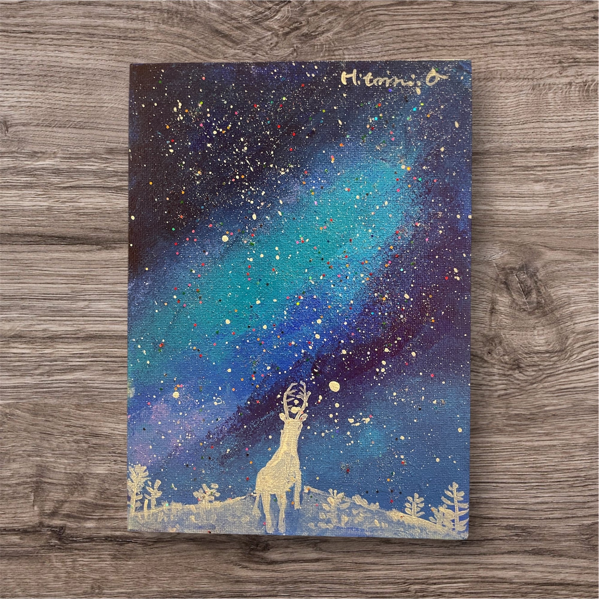 A-140/26】真作○原画 絵画 星空と鹿の風景画 キャンバスパネル 真作