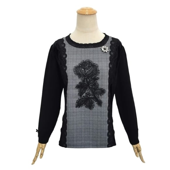 スーパービューティー セーター ベロア グレンチェック柄 胸元レース