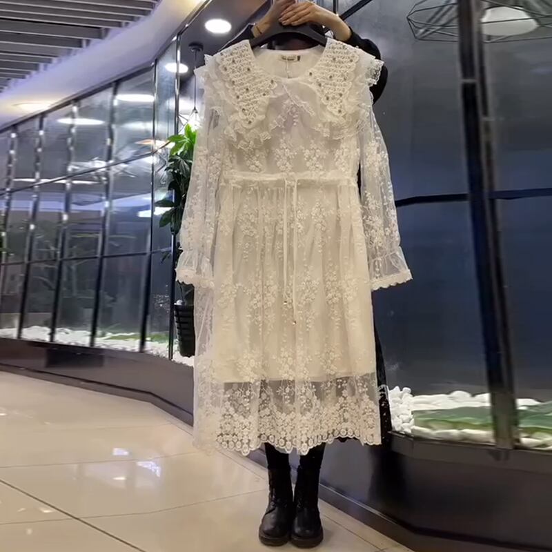 スプリングレースメッシュスリーブウェストドレス 大きめサイズ 春物 ミックスインファッション39846381777