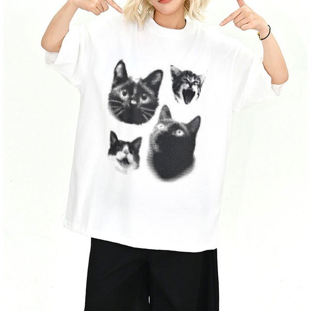 キャットモチーフドットグラフィックワイドシルエットTシャツ 2col   R02200