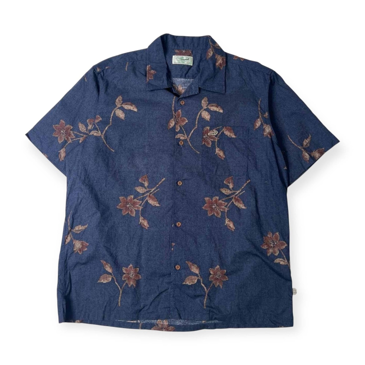 リネン混 Crocodile クロコダイル ボタニカル デザイン 開襟 半袖シャツ LL/ネイビー系 メンズ
