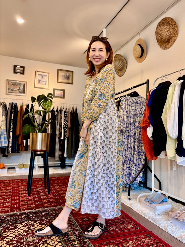 ブロックプリント切り替えワンピース