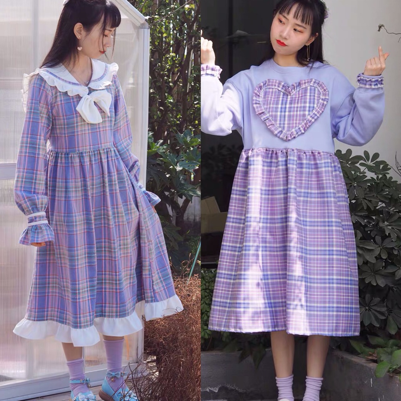 ワンピース チェック 紫 ガーリー 姫 チェック 水玉 ドット チェック 