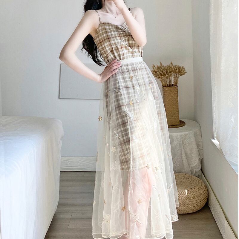 Nihuoシリーズ セットアップ ワンピース チュールスカート チェック柄 羽 はね 夏 合わせやすい Elegant