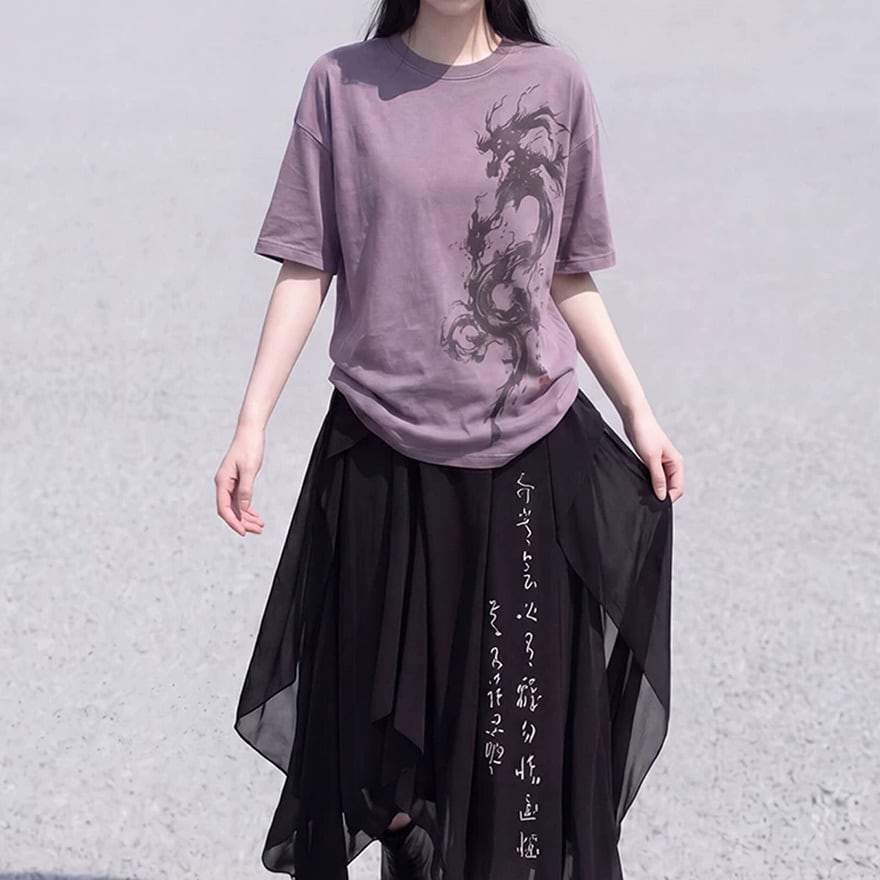 サブカル地雷系 チャイナ風 Tシャツ【グレーパープル 水墨風ドラゴン プリント】
