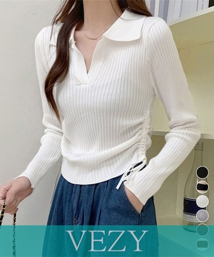ポロニットドローストリングリブニット薄手 Vネック タイトニットトップス ショート丈 ニットウェア きれいめ ニットインナー カジュアル トップス春秋 ニット トップス セーター VEZY ベジー ItemNo.【23531413 】