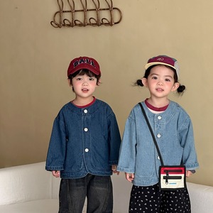 ノーカラーデニムジャケット（ウォッシュブルー／ブルー）QQMM 2026春｜80-150cm｜アウター｜カーディガン｜上着 ［取寄］