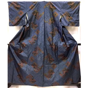 着物・紬・割付文様・紺地・No.200701-1858・梱包サイズ80