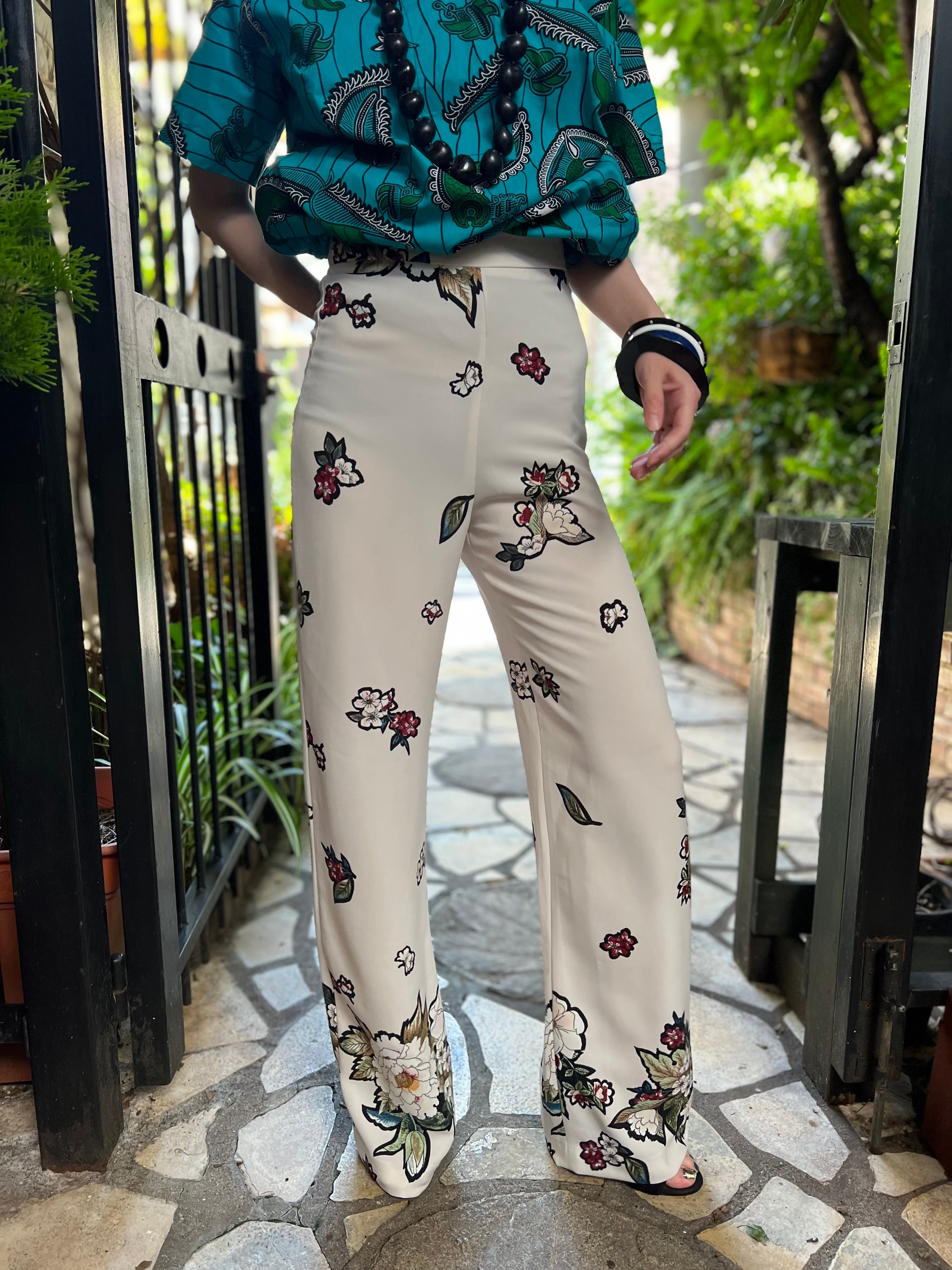 70s white × oriental floral poly pants ( ヴィンテージ ホワイト ...