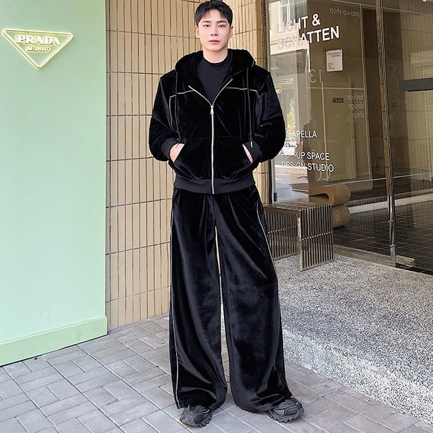 【予約販売】メンズ セットアップ 上下 長袖 ベロア調 ブラック ライン スエット ジップアップ 男前 韓国 パンツ セット カジュアル 韓国 トレンド M/L/XL