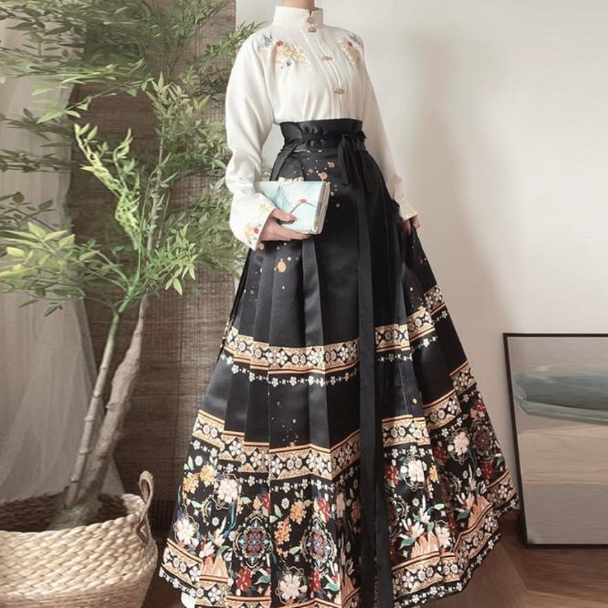 サブカル 服 地雷系 通販 スカート プリーツ ロング丈 漢服 チャイナ服 ウエストベルト紐 ヴィンテージ風 大人増し