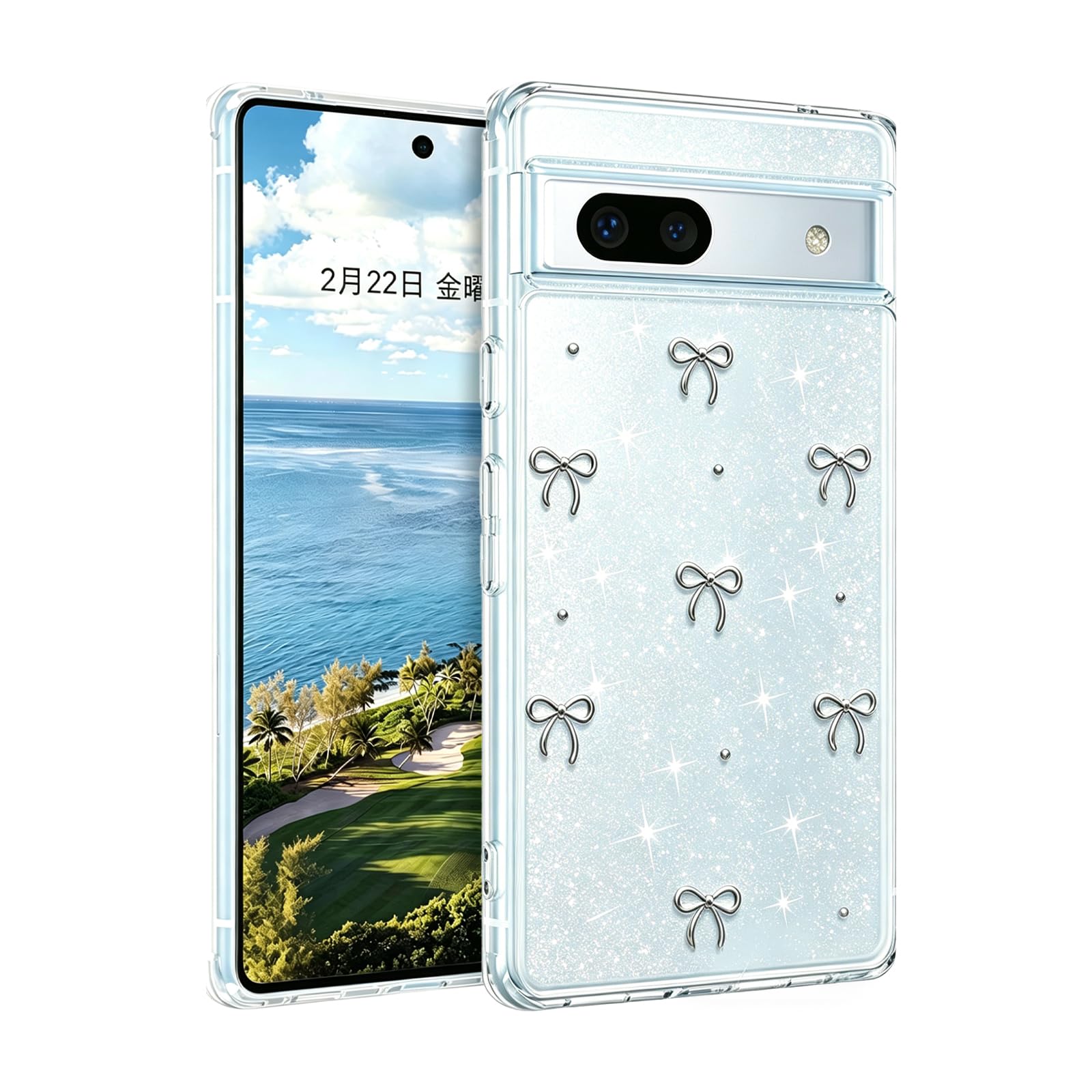 Luoiwei Google Pixel 8a 用 ケース 可愛い クリア ミニリボン おしゃれ 韓国 透明 可愛い 耐衝撃 かわいい 3D 立体 りぼん装飾 きらきら ピクセル 8A 対応 スマホケース レンズ保護 滑り止め 指紋防止 ストラップホール,シルバー