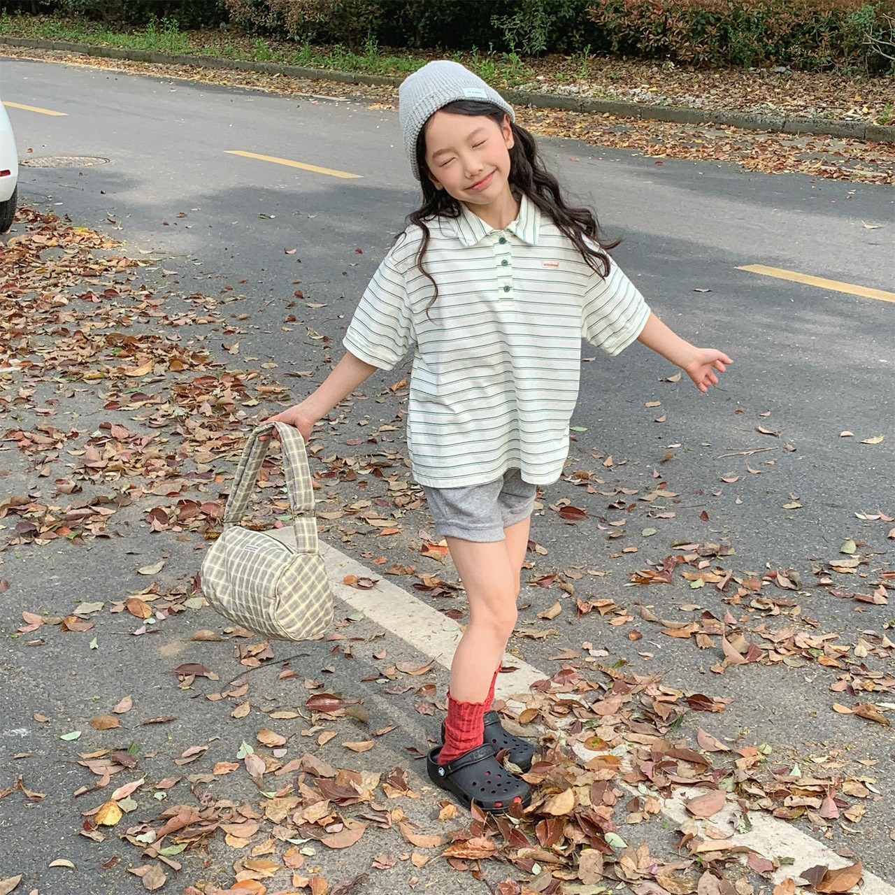 夏韓国風ボーダーポロシャツ