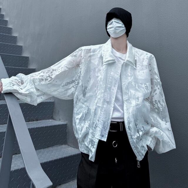 【予約販売】ブルゾン ジップアップ 長袖 オーバーサイズ 透け感 肌見せ シアー メンズ 総柄 ホワイト カジュアル シック こなれ感 お洒落 韓国 トレンド 春 秋 夏 M/L/XL/2XL