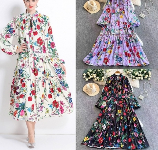 【送料無料】 ワンピース ワンピドレス 胸元リボン 長袖 ハイウエスト スタイルアップ 花 プリント柄 ミディアム丈 フレアスカート Aライン ポリエステル ゆったり 体系カバー きれいめ カジュアル エレガント 大人可愛い おしゃれ 存在感 フェミニン ガーリー 欧米風 宮廷風 人気トレンド 新作 春 夏 20代 30代 40代 お出かけ イベント 旅行 リゾート デート ママ デイリー 通勤 通学 普段着 着回し インスタ映え 70393