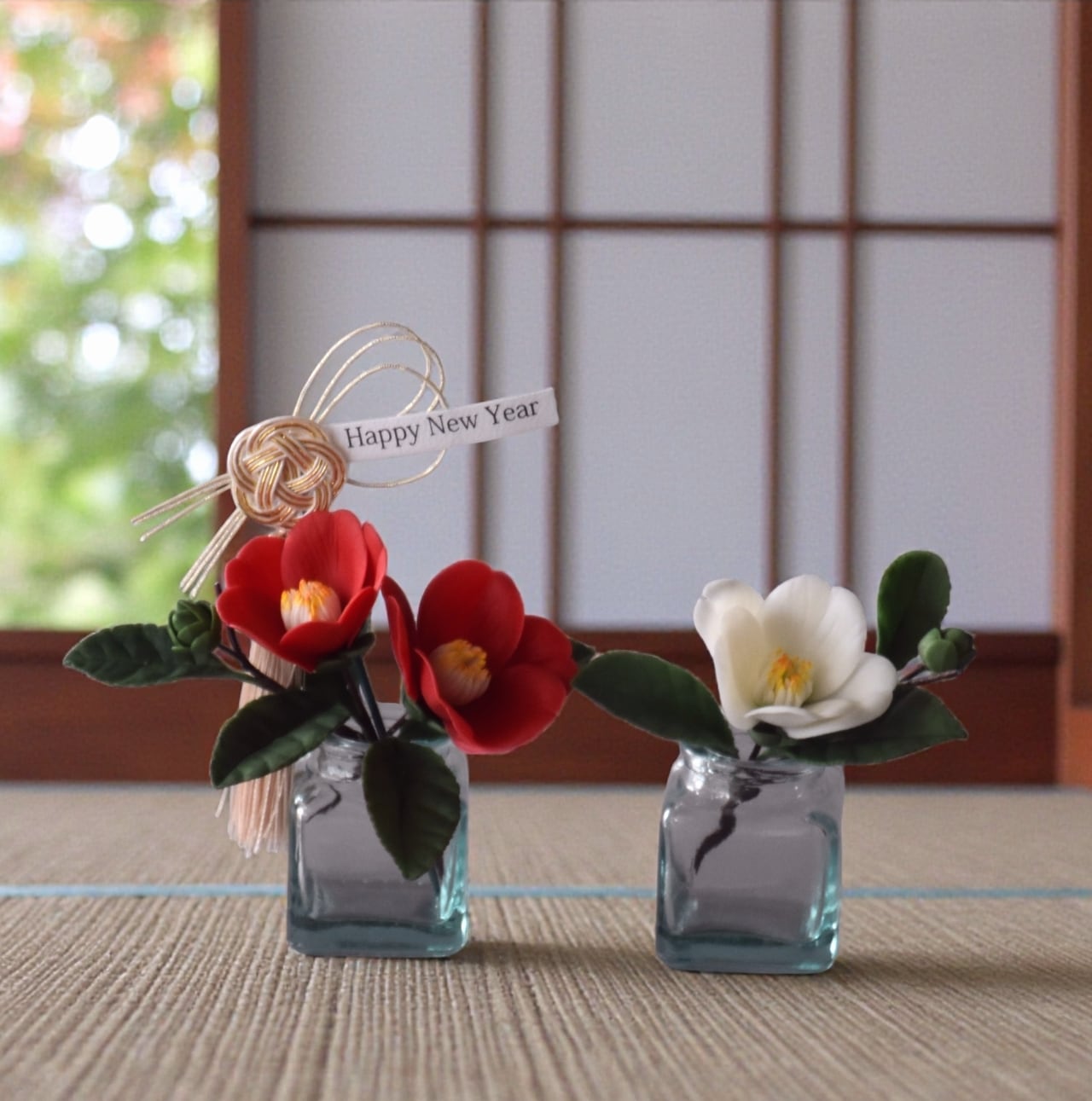 ◇粘土のお花◇ 椿 お正月アレンジ【紅白2個セット】 T1363 | oldfantasy