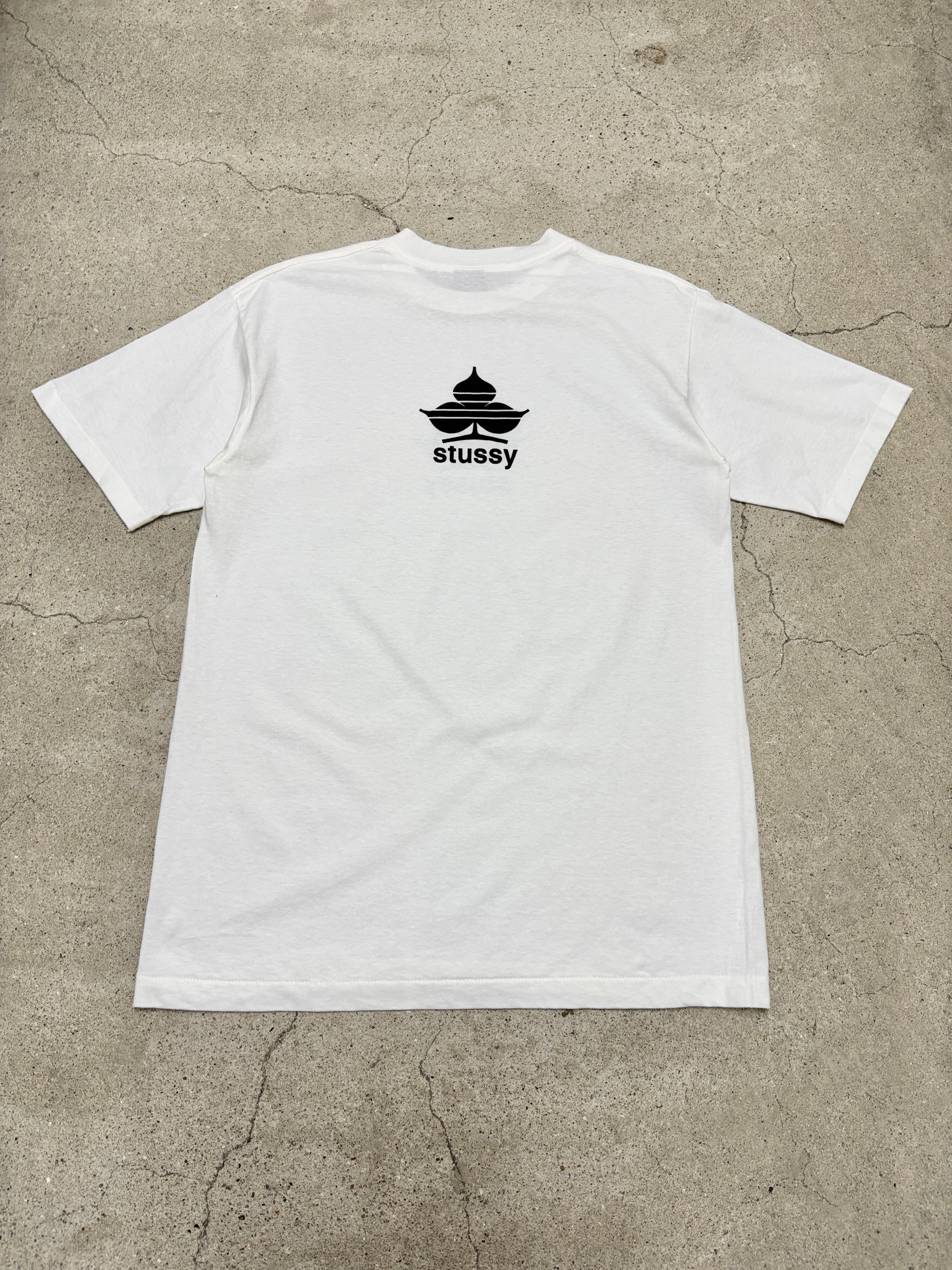 90s 00s STÜSSY ロゴプリントTシャツ ホワイト　OLDS 90s OLD STUSSY/Clover Logo print Tee/USA製/黒タグ/L/クロ－バ－ロゴ