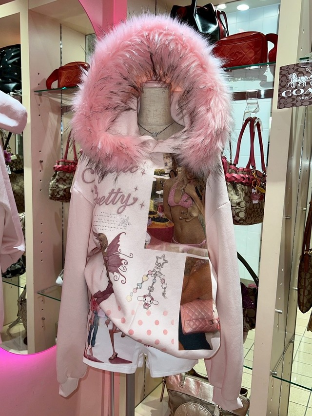 Printed Paris Fur  Hoodie pink  y2k
