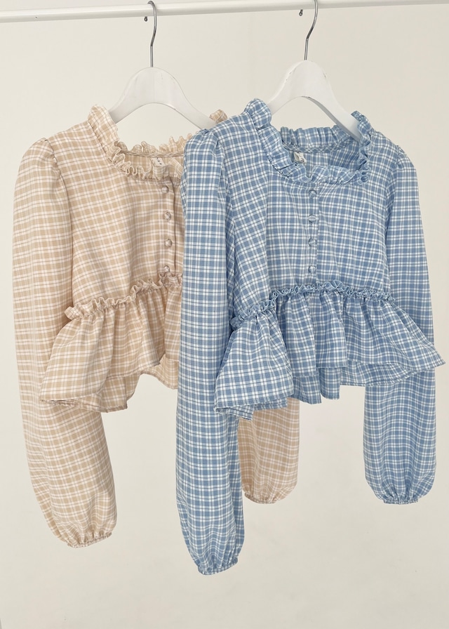 【GiGi viora】gingham check peplum frill tops