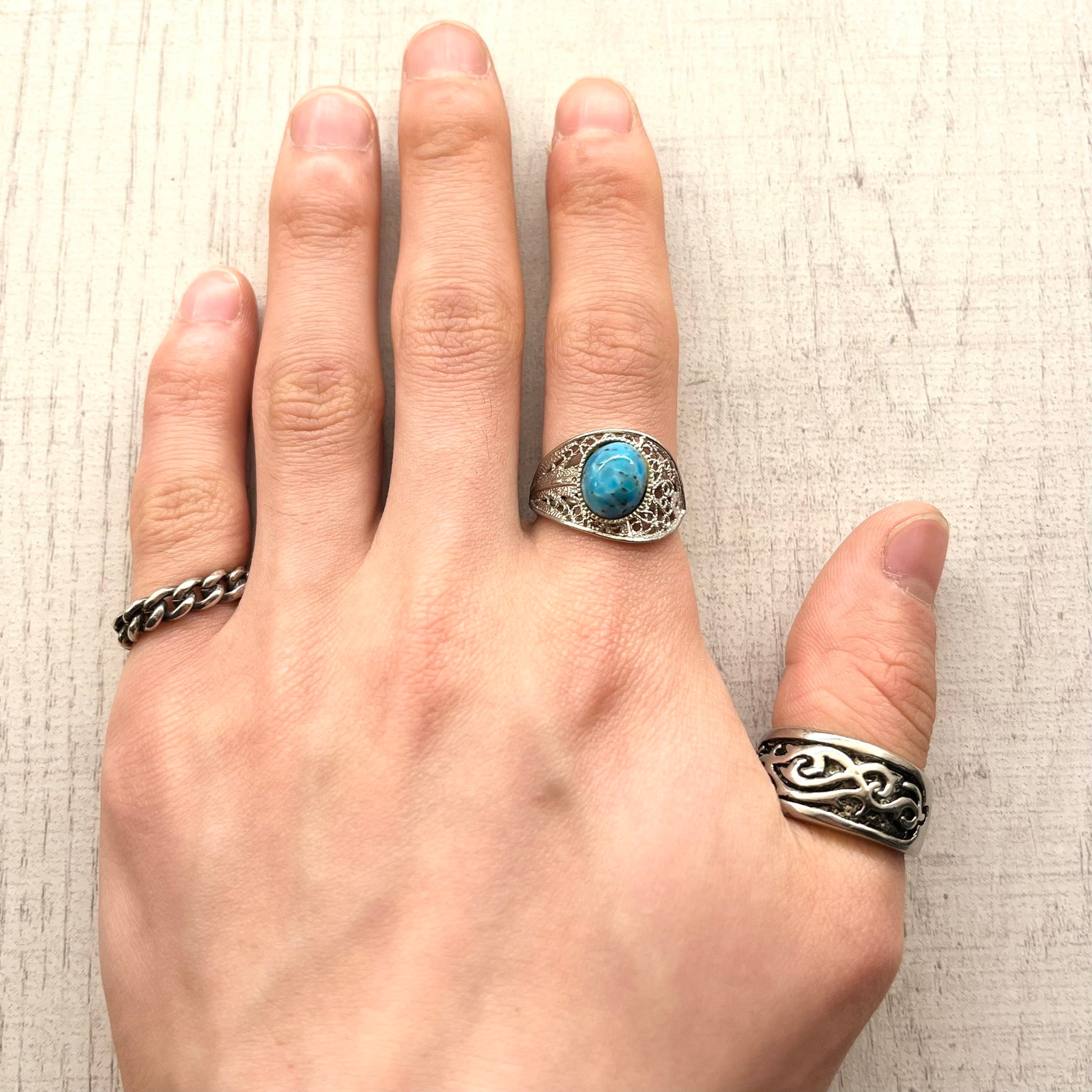 TURQUOISE STONE FILIGREE DESIGN RING -SILVER925- フィリグリー