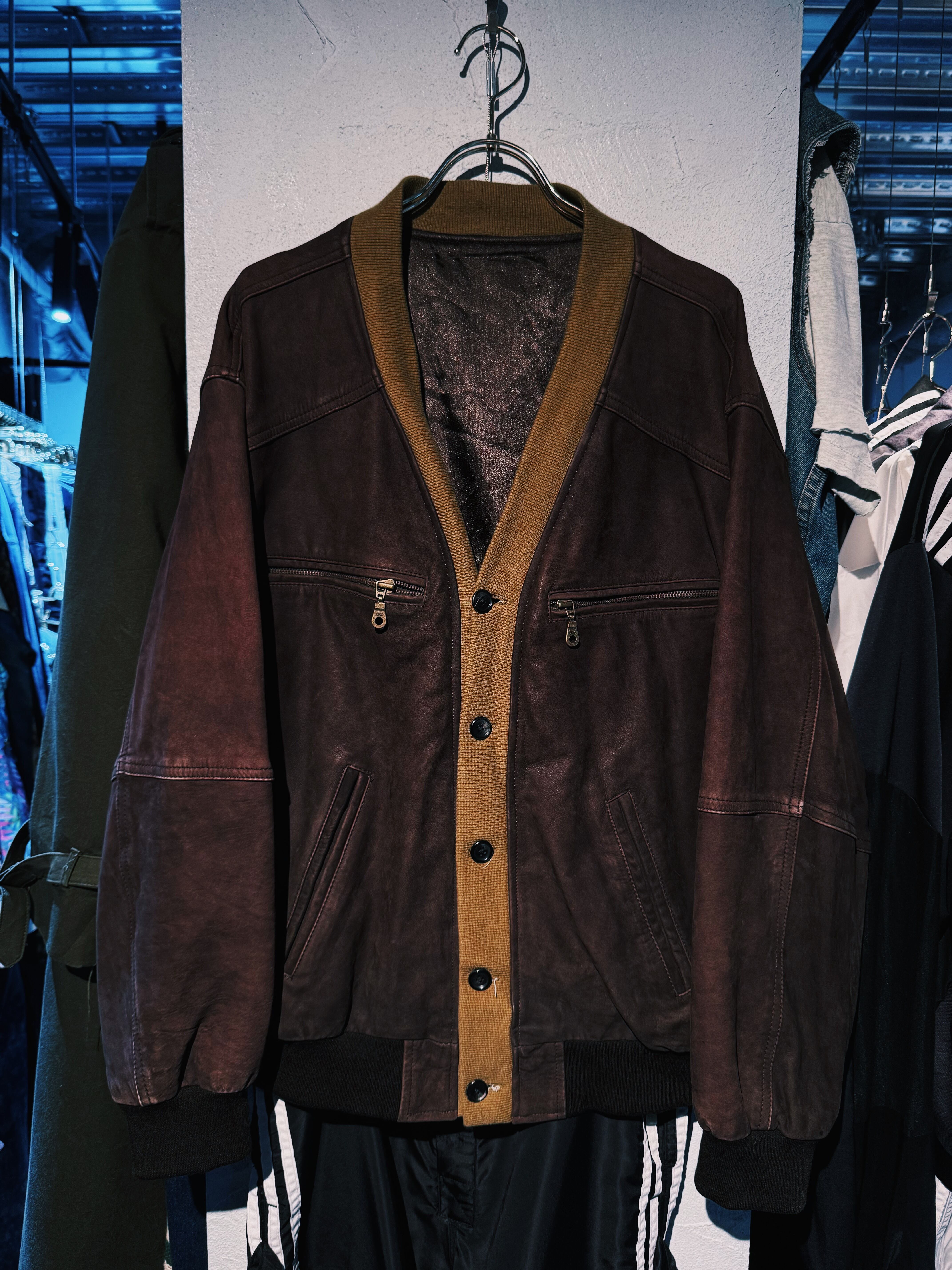 【D4C】vintage yellow rib switching desgin leather cardigan jacket