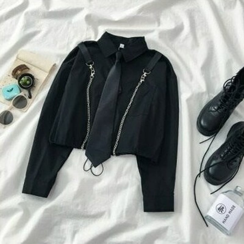 即納【ライブ・推し活マストアイテム】サブカル系 参戦服 防寒フリースパンツ ネクタイ付き 長袖シャツ