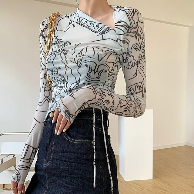 トップス レディース アシンメトリー 長袖 セクシー 透け感 シースルー メッシュ 大人 おしゃれ 個性的 総柄 グレー S/M/L