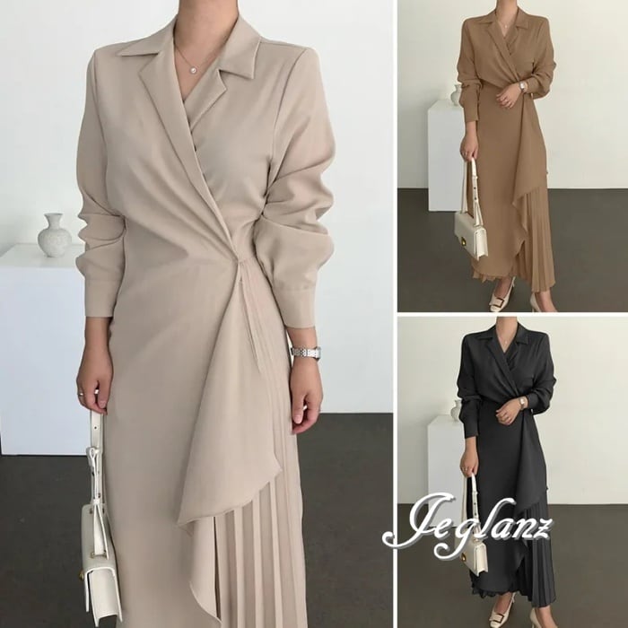 3色 ラップ風 マキシ丈 ワンピース 切替 プリーツ オープンカラー (M4477)γα