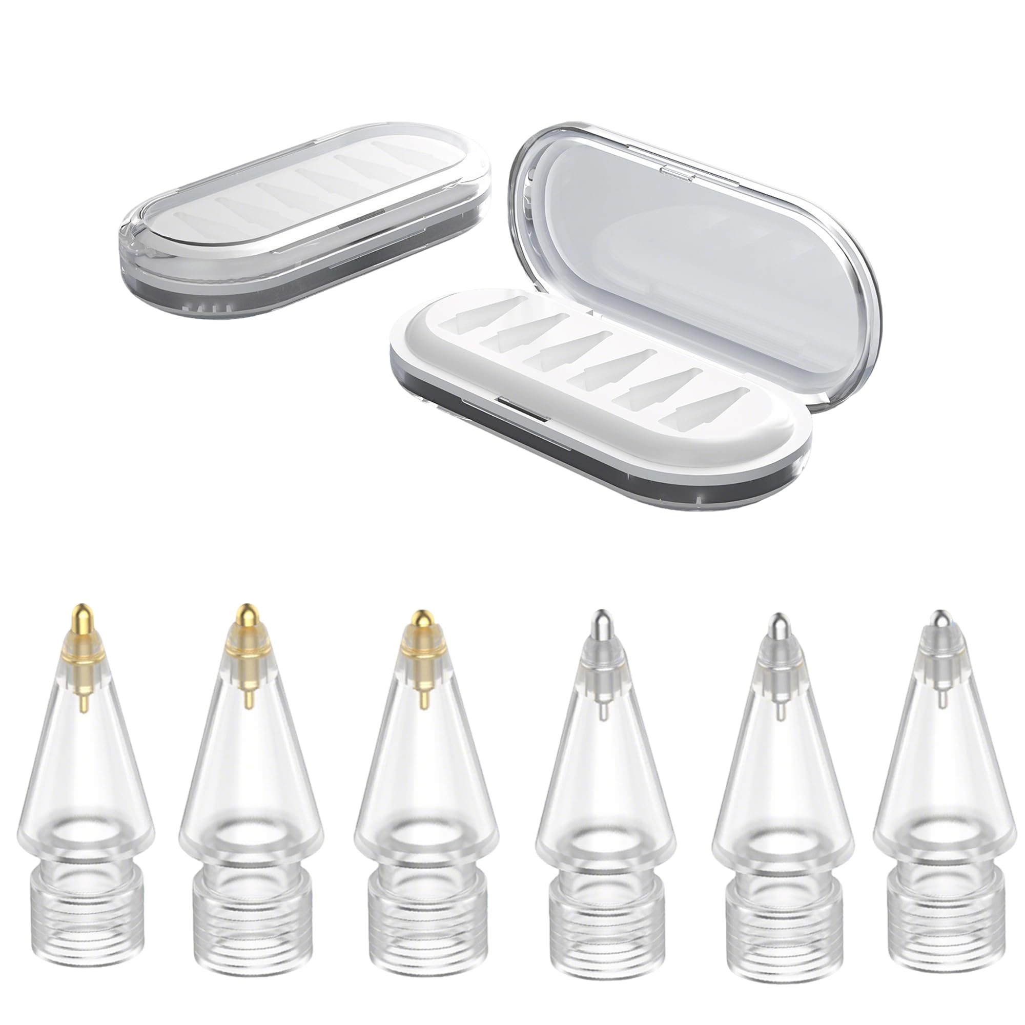 JUNOVA Apple Pencil用 交換チップ 高感度アップグレード版 ペン先 摩耗防止・精密制御・傷防止 Apple Pencil Pro / 第1/第2/USB-C対応 3.0丸・3.5標準・4.0長針 改造各2本(ゴールド×シルバー) 計6本入り+収納ケース付き クリア