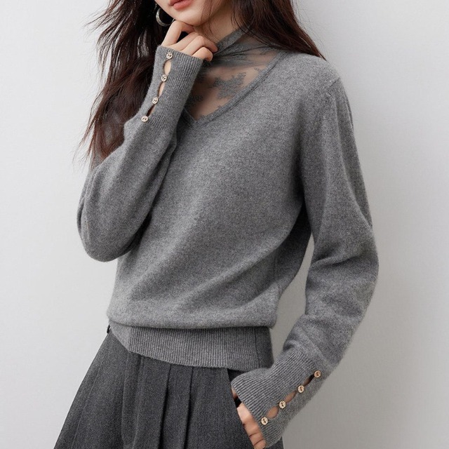 Lace ⅼayered Vneck knit tops 3colors　V2795