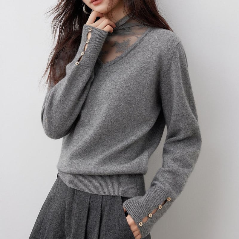 Lace ⅼayered Vneck knit tops 3colors V2795