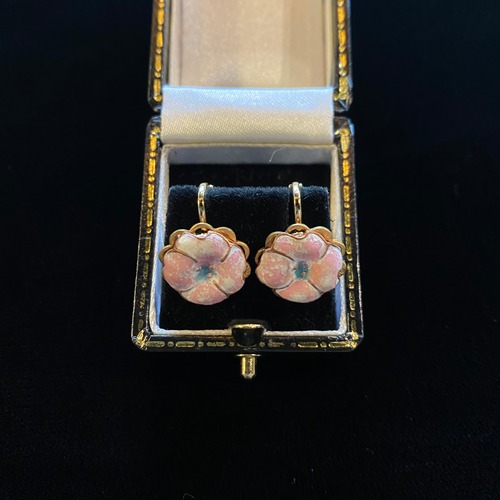 Pink enameled metal flower earrings