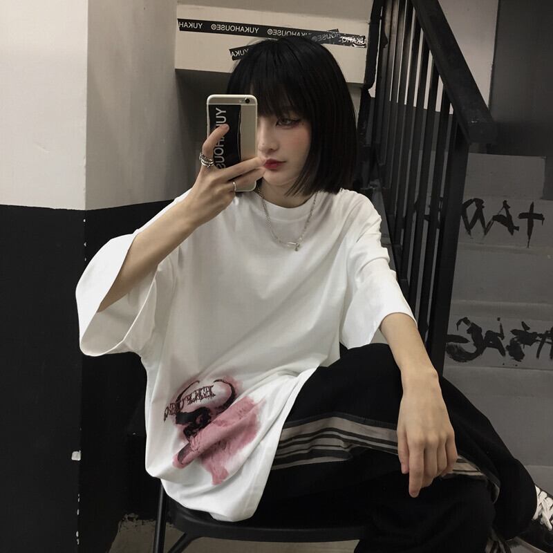 ダークサマースタンダードプリントTシャツ ルーズレディーストップス レトロ 大きめサイズ 夏物 ケッペル97312810171