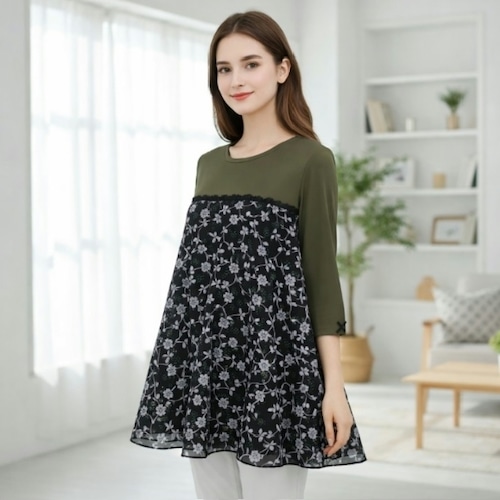 スーパービューティー チュニック 胸元チュール 切替　七分袖 2422011  カーキ Sサイズあり  2024/2025年秋冬 オーラボー 大人かわいい服 大人スタイル キレイメ Super Beauty レディース アパレル 女性 M L LL 30代 40代 50代 60代