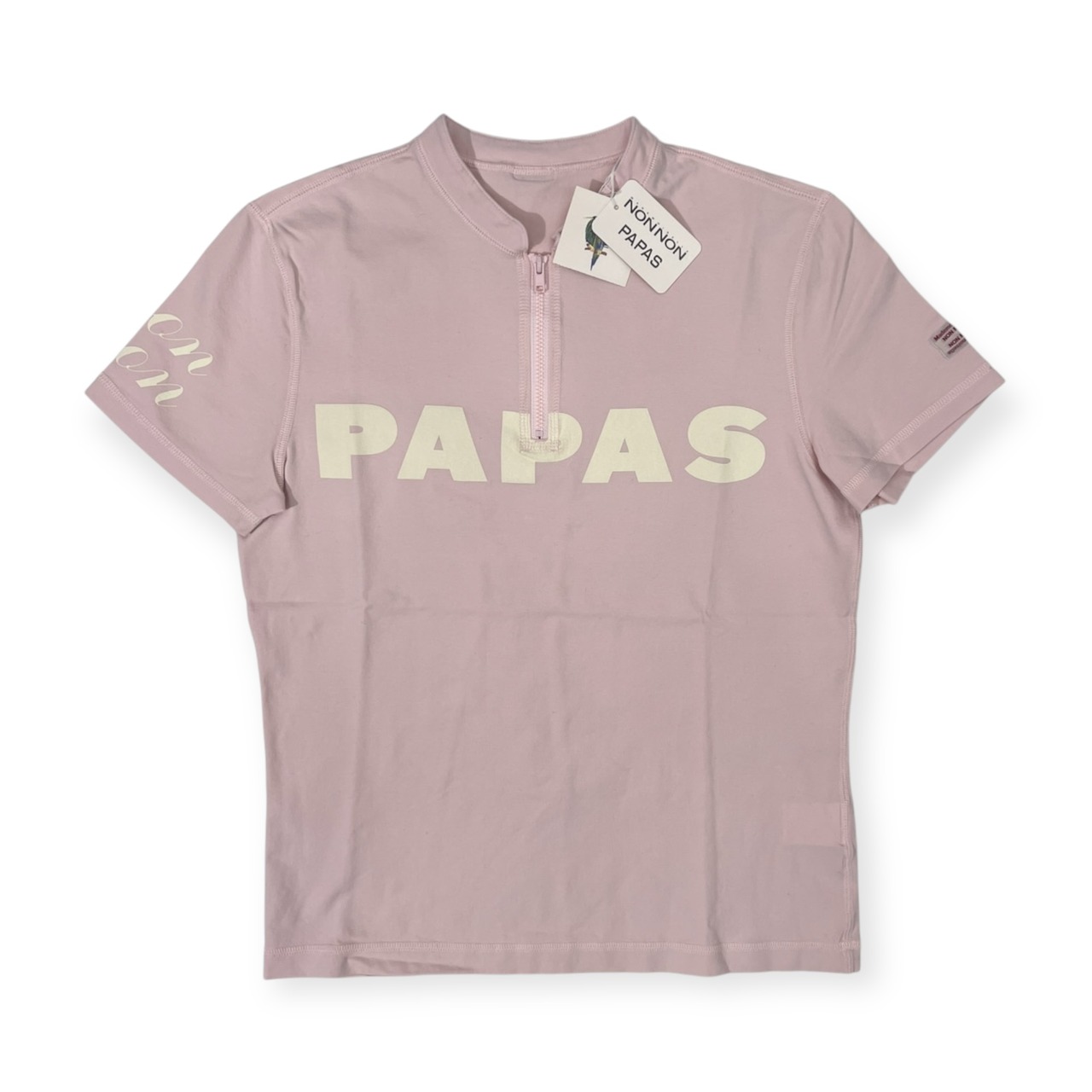 Mademoiselle NON NON マドモアゼルノンノン タグ付き PAPASロゴ ハーフジップ 半袖Tシャツ L/ピンク