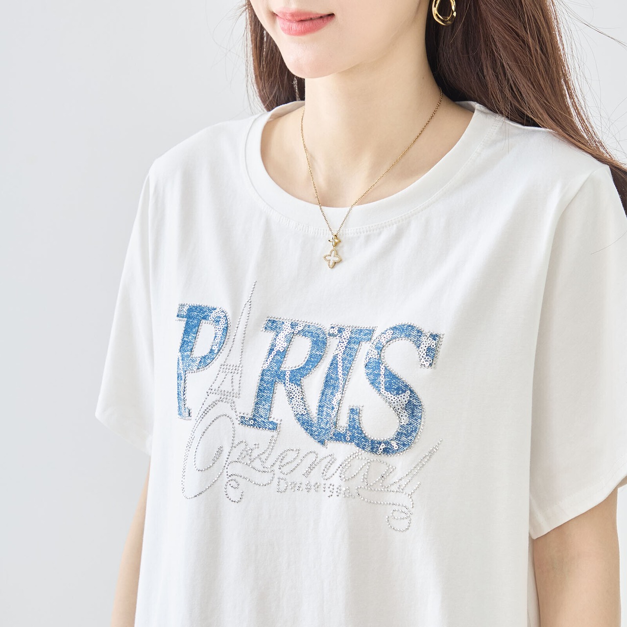 TRUBE ラインストーン装飾エッフェル塔Tシャツ【L~LL】ホワイト