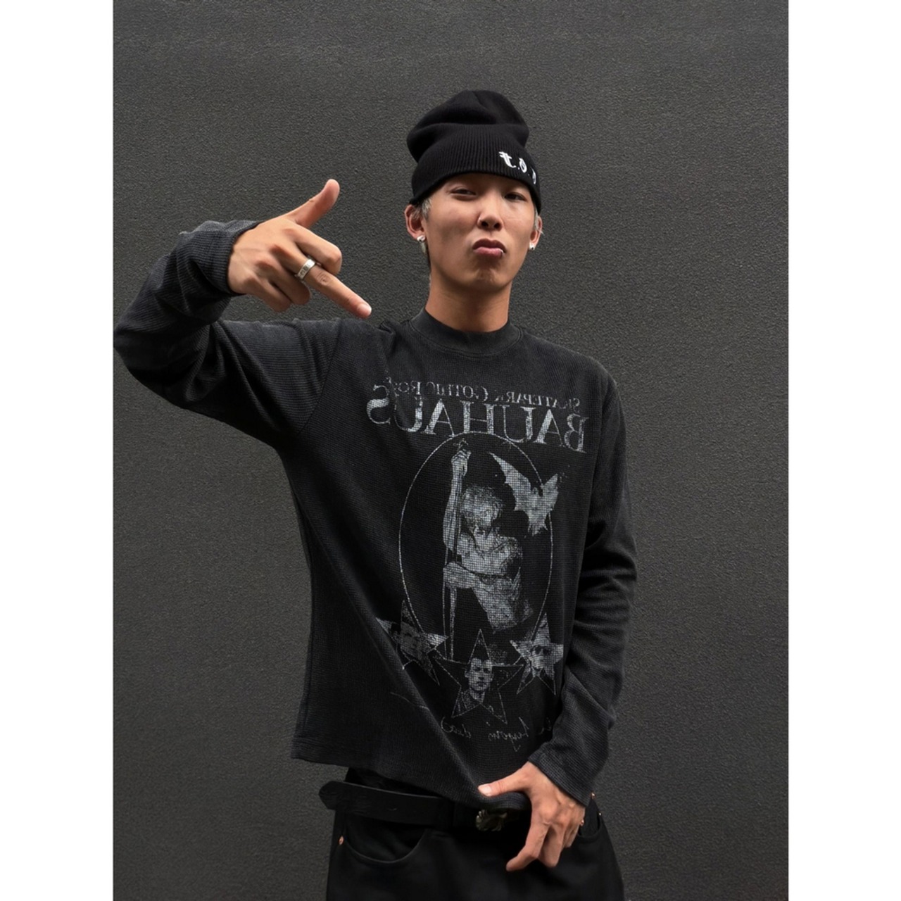 VINTAGE ストリート ドラキュラ グラフィック ワッフルロングTシャツ T2247
