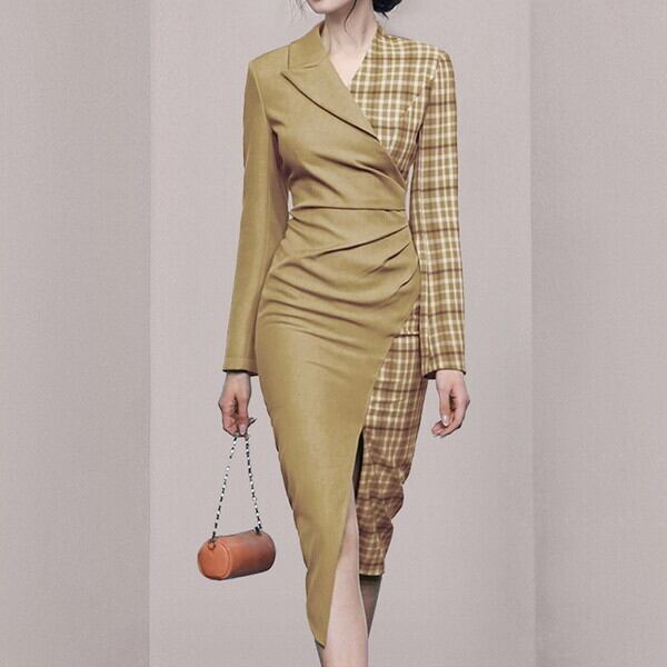 新作 21年 秋冬新作 ワンピースドレス 長袖ワンピース タイトワンピース タイトワンピ カシュクールワンピース Vネック ギャザーワンピース 膝丈ワンピース 膝下ワンピース スリット入りワンピース ハイウェスト ハイウエスト 無地 チェック柄 ラップ風 着痩せ 細見え