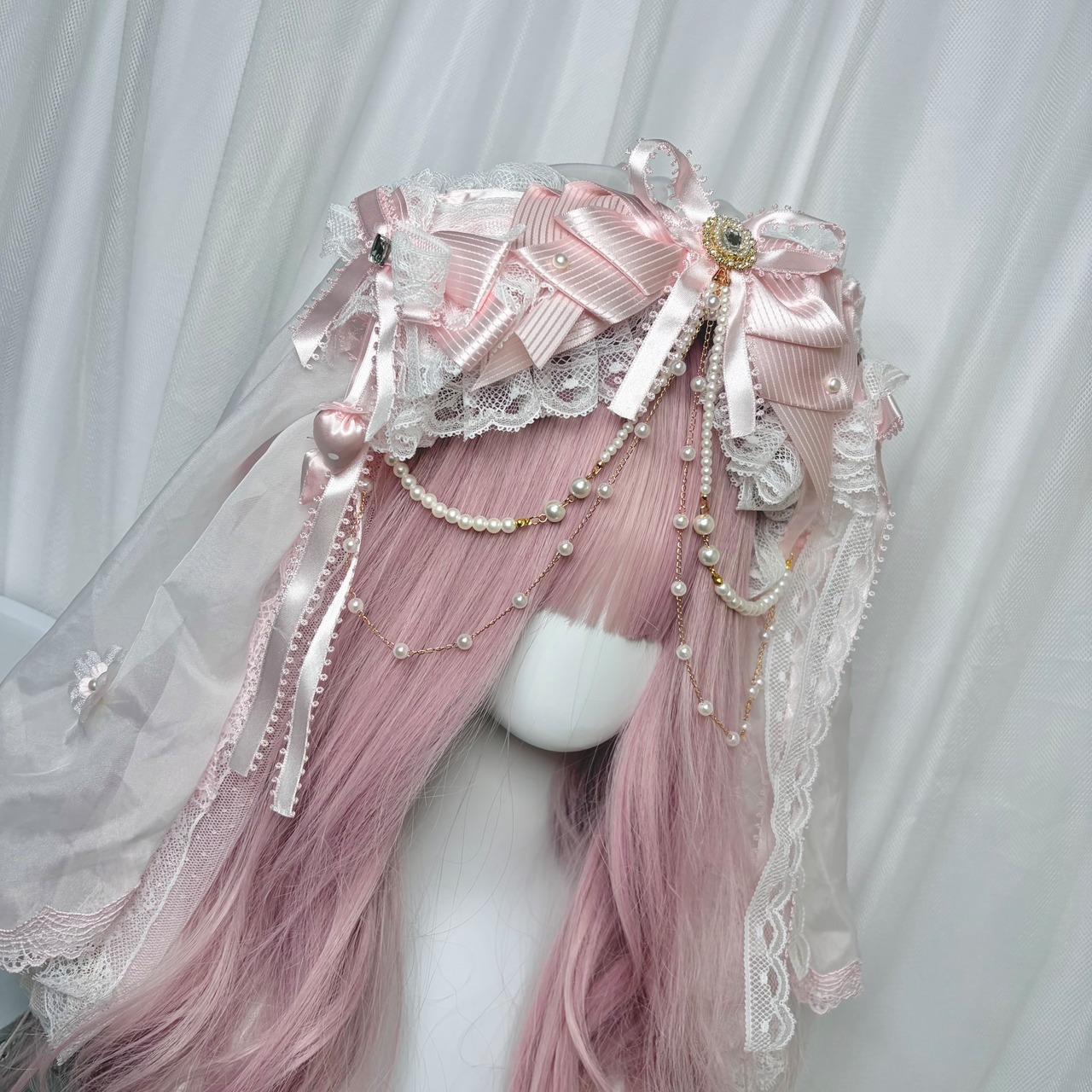 ♡【全2色】Cherry blossom ヴェール付き パールチェーン フリルリボンカチューシャ pink ♡